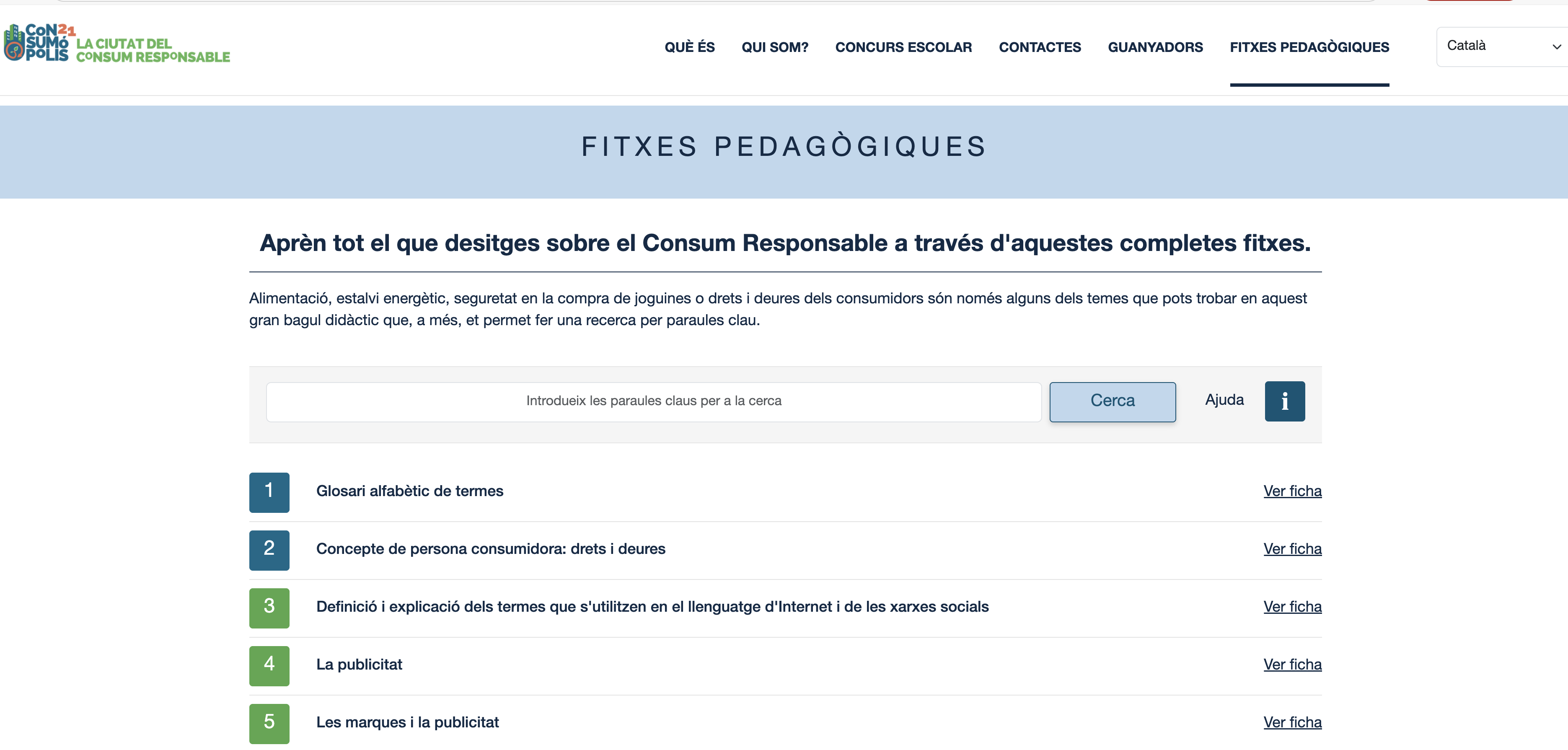 Imatge núm. 2: pantalla de la interfície d'accés a les fitxes pedagògiques