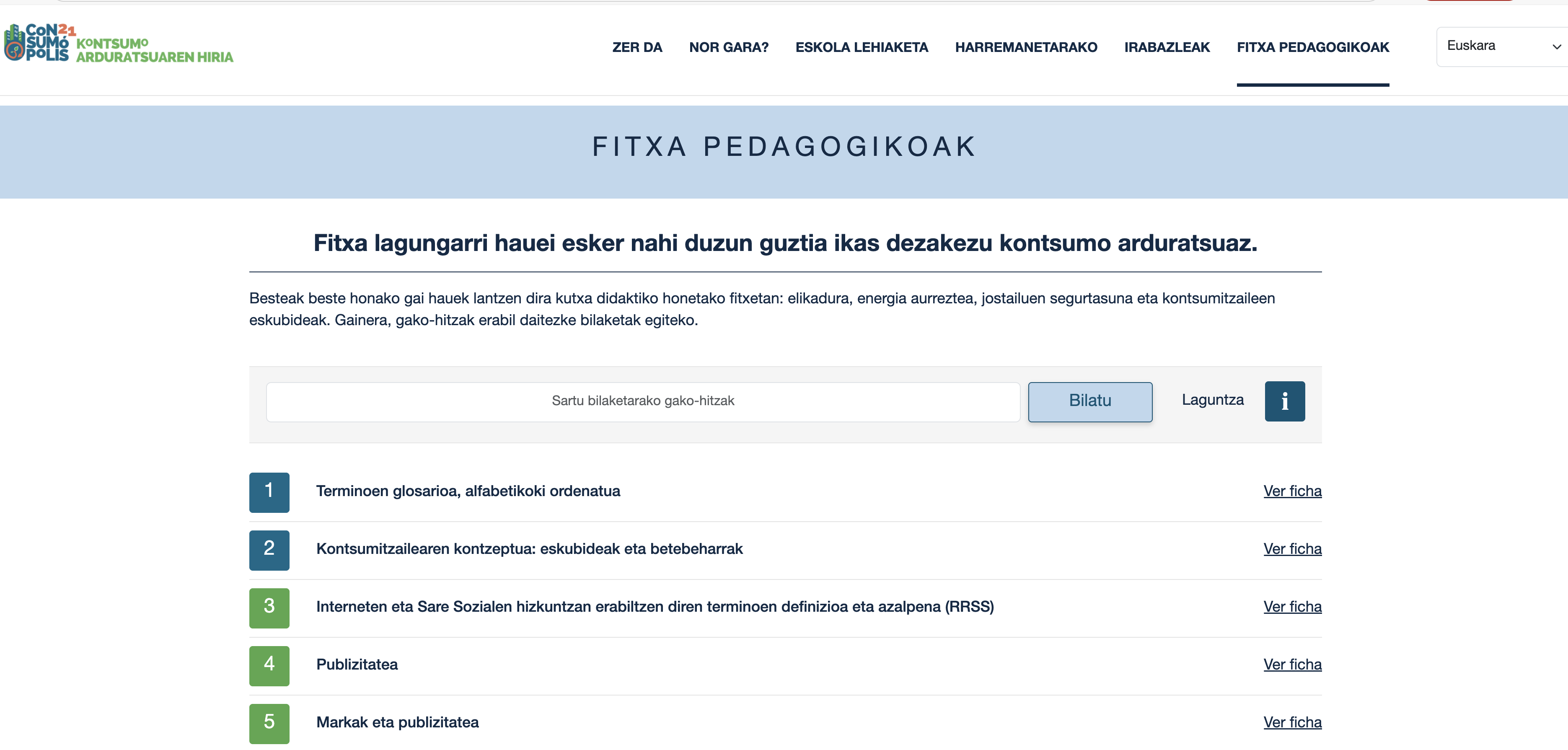2. irudia: fitxa pedagogikoetan sartzeko interfaze-pantailak