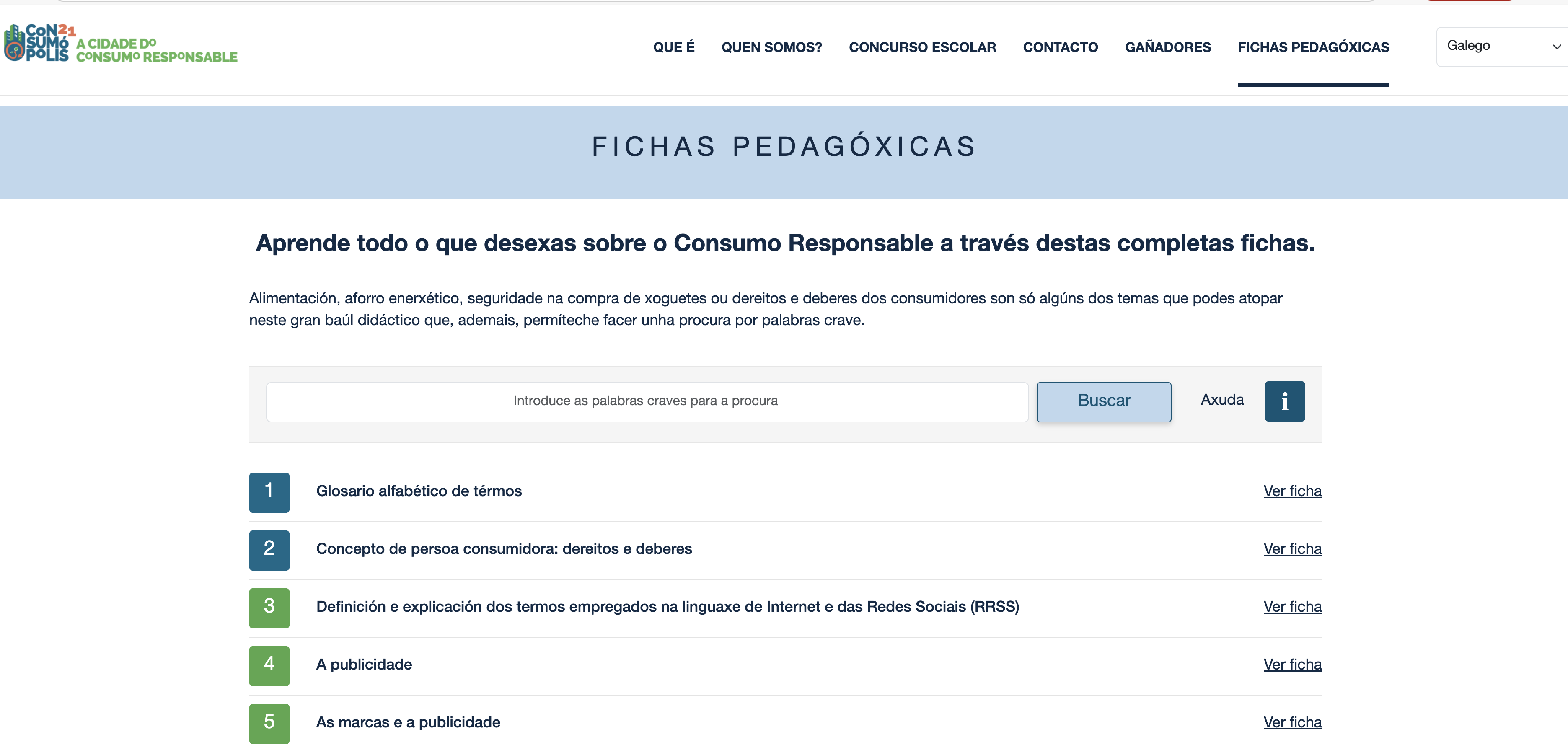 Imaxe núm. 2: pantalla da interface de acceso ás fichas pedagóxicas
