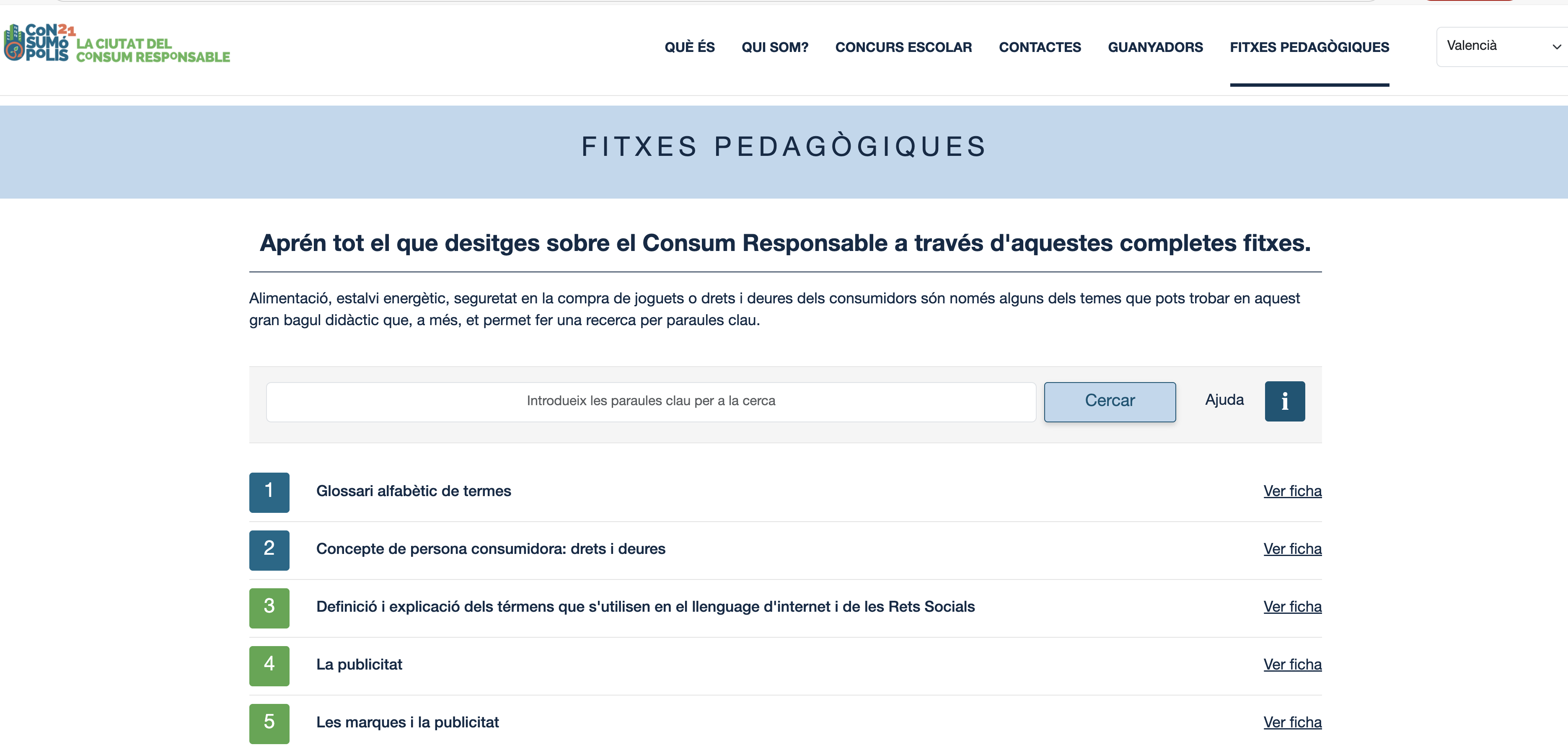 Imatge núm. 2: pantalla de la interfície d'accés a les fitxes pedagògiques
