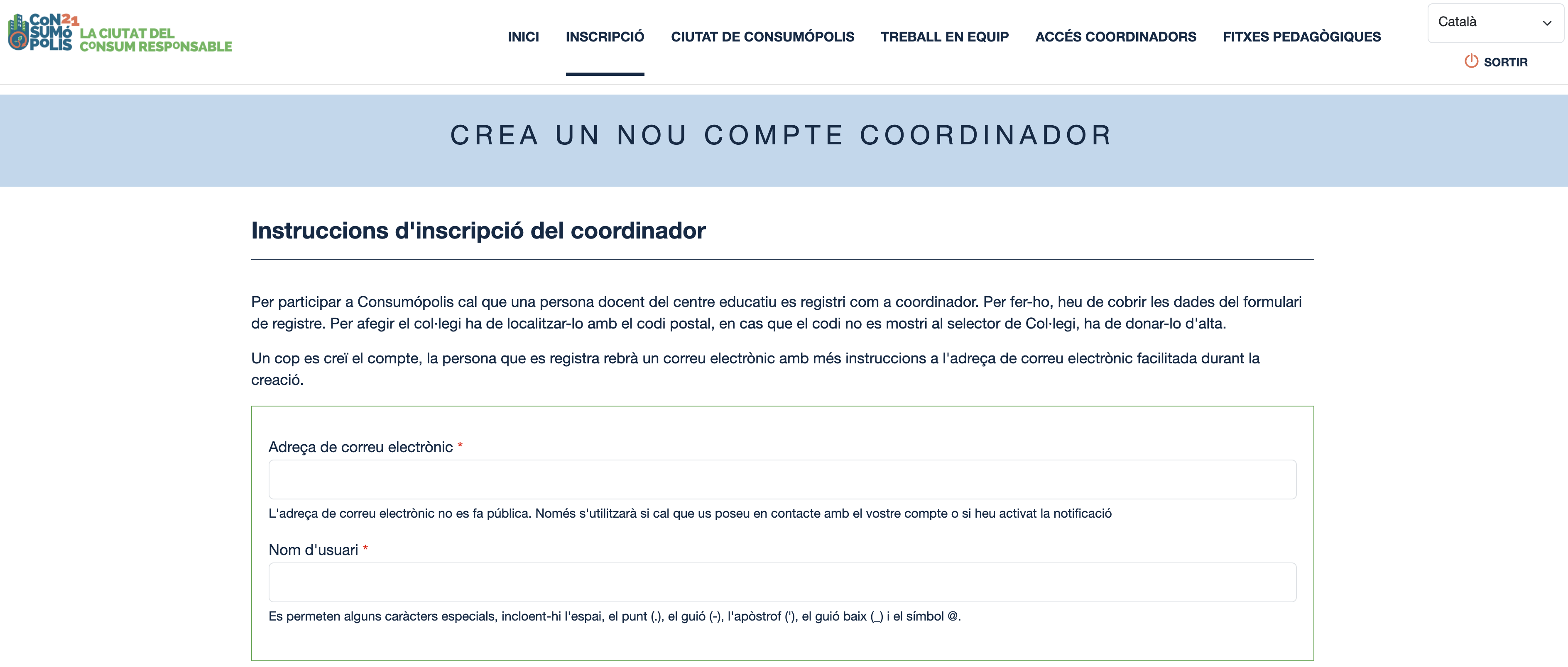 Imatge núm. 6: Pantalla de la interfície de registre del coordinador