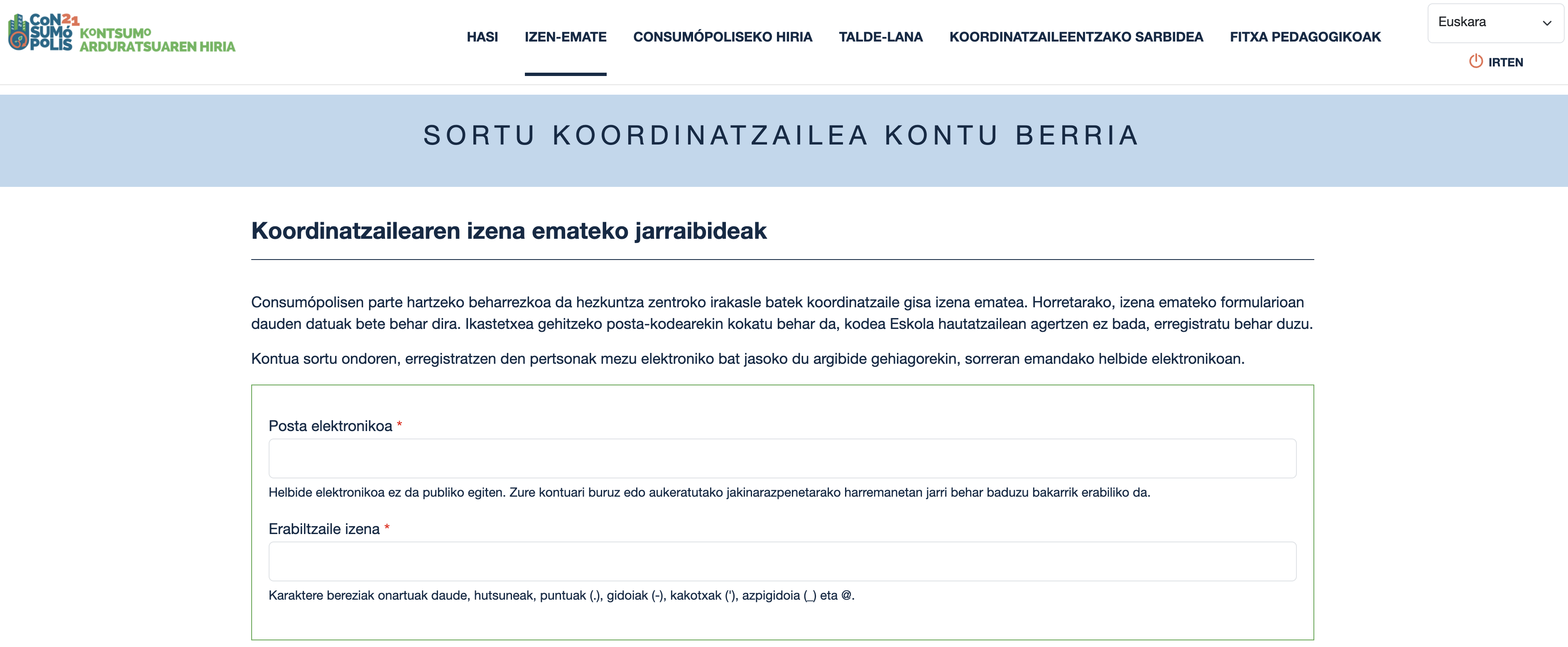 6. irudia: koordinatzailearen erregistro-interfazearen pantaila
