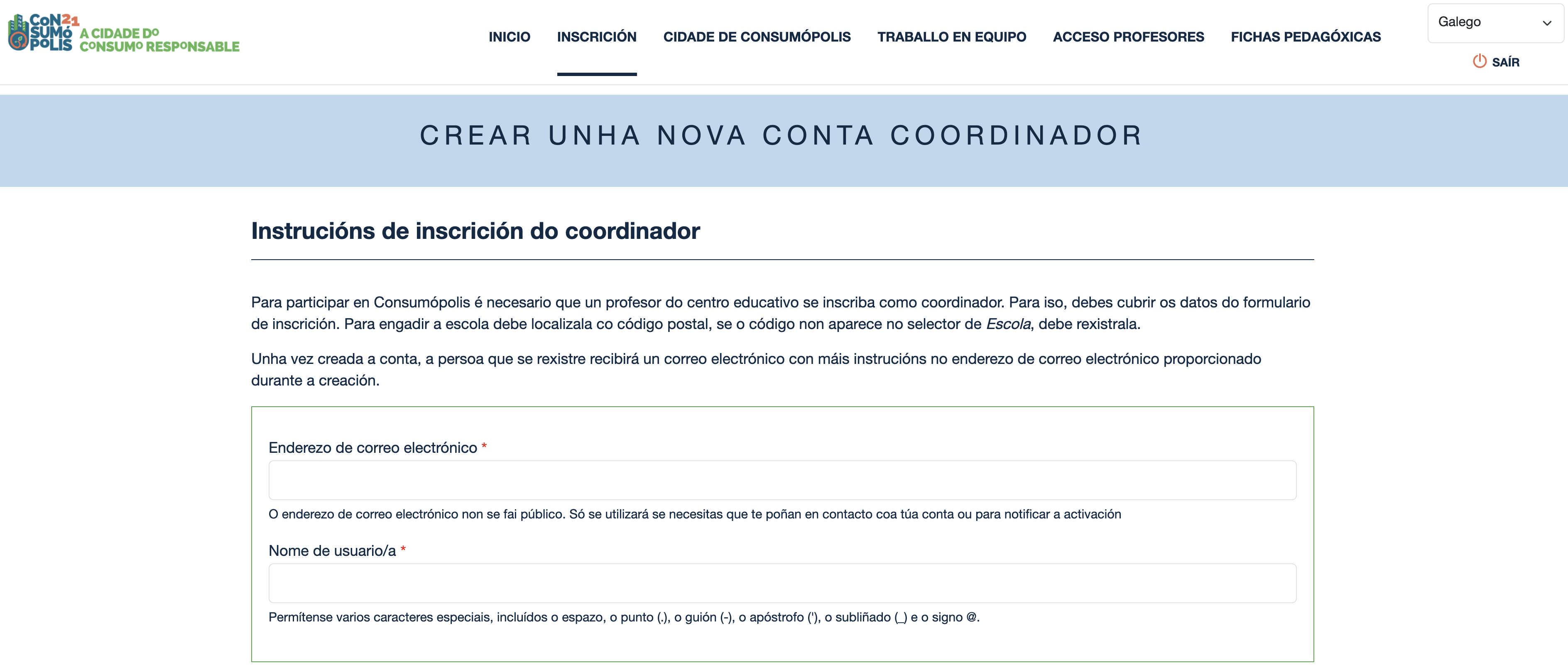 Imaxe núm. 6: pantalla da interface de inscrición do coordinador