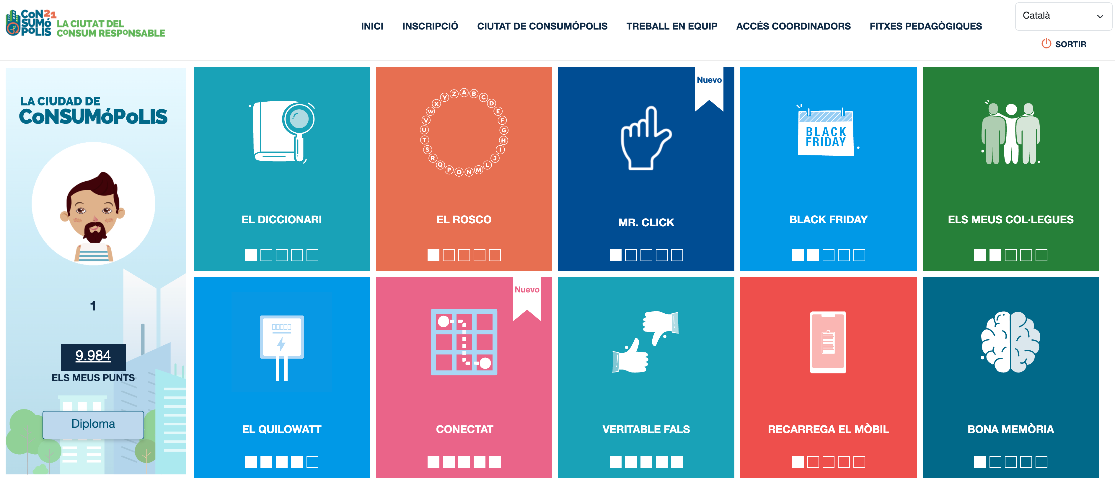 Imatge núm. 7: pantalla d'accés a les 10 proves (part 1) i al vestidor