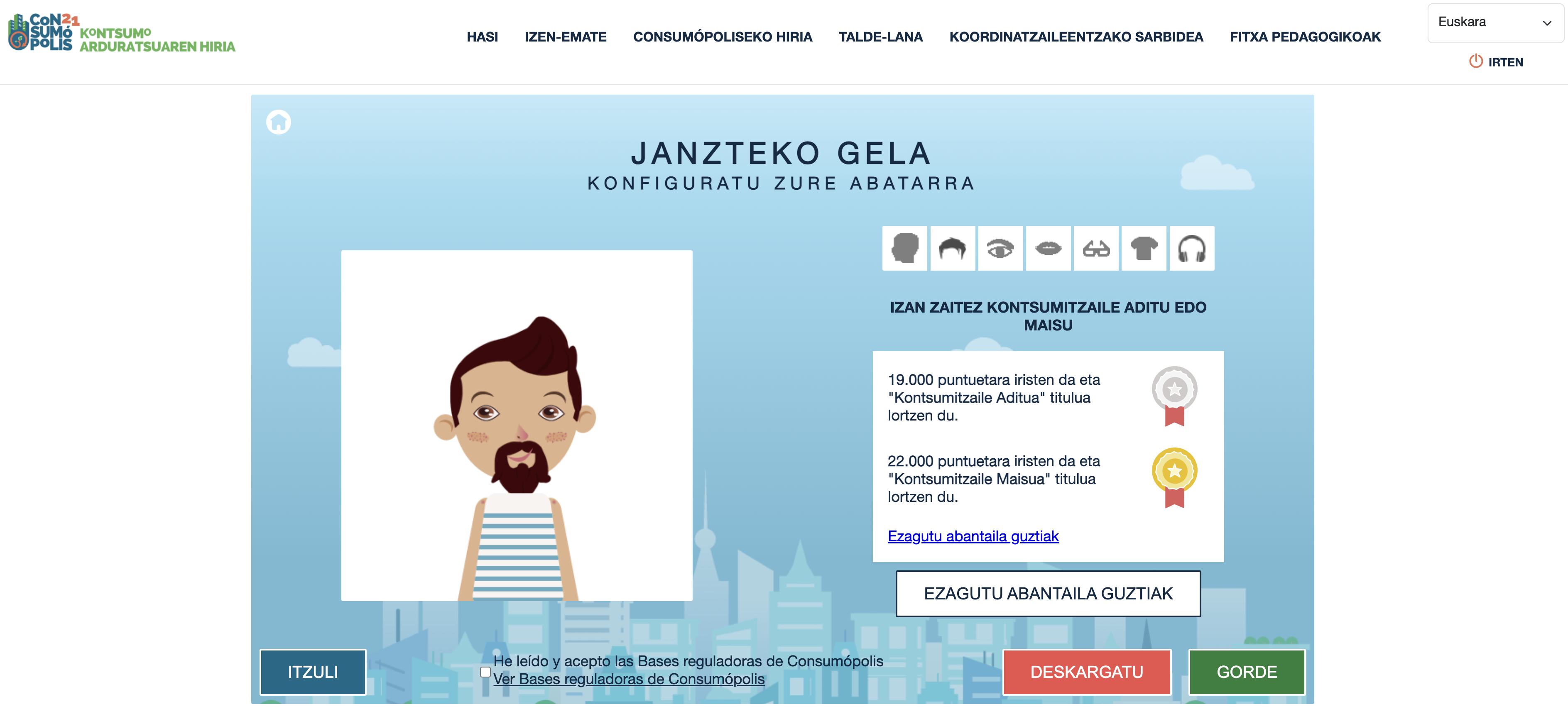 9. irudia: aldagelaren pantaila (ikaslearen pertsonaia birtuala)