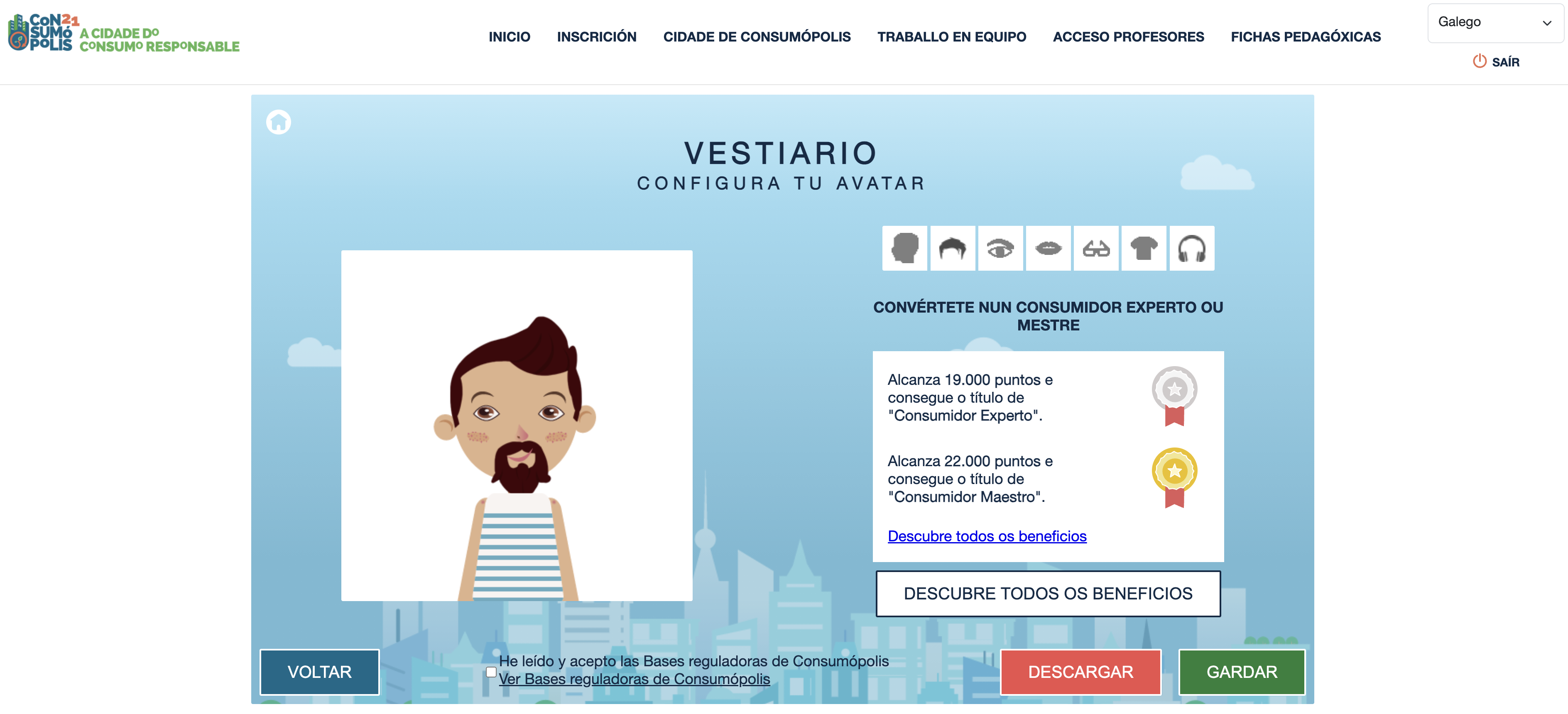Imaxe núm. 9: pantalla do vestiario (personaxe virtual do alumnado)
