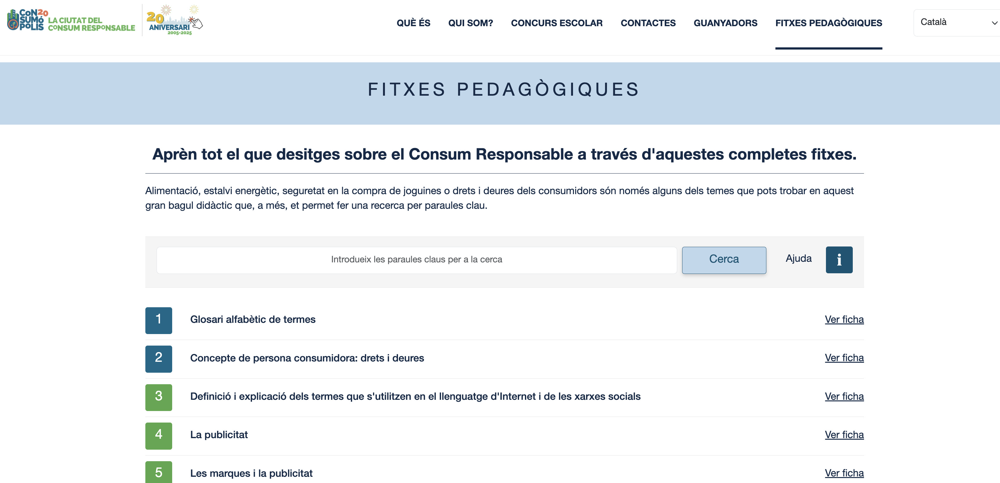 pantalla de la interfície d'accés a les fitxes pedagògiques