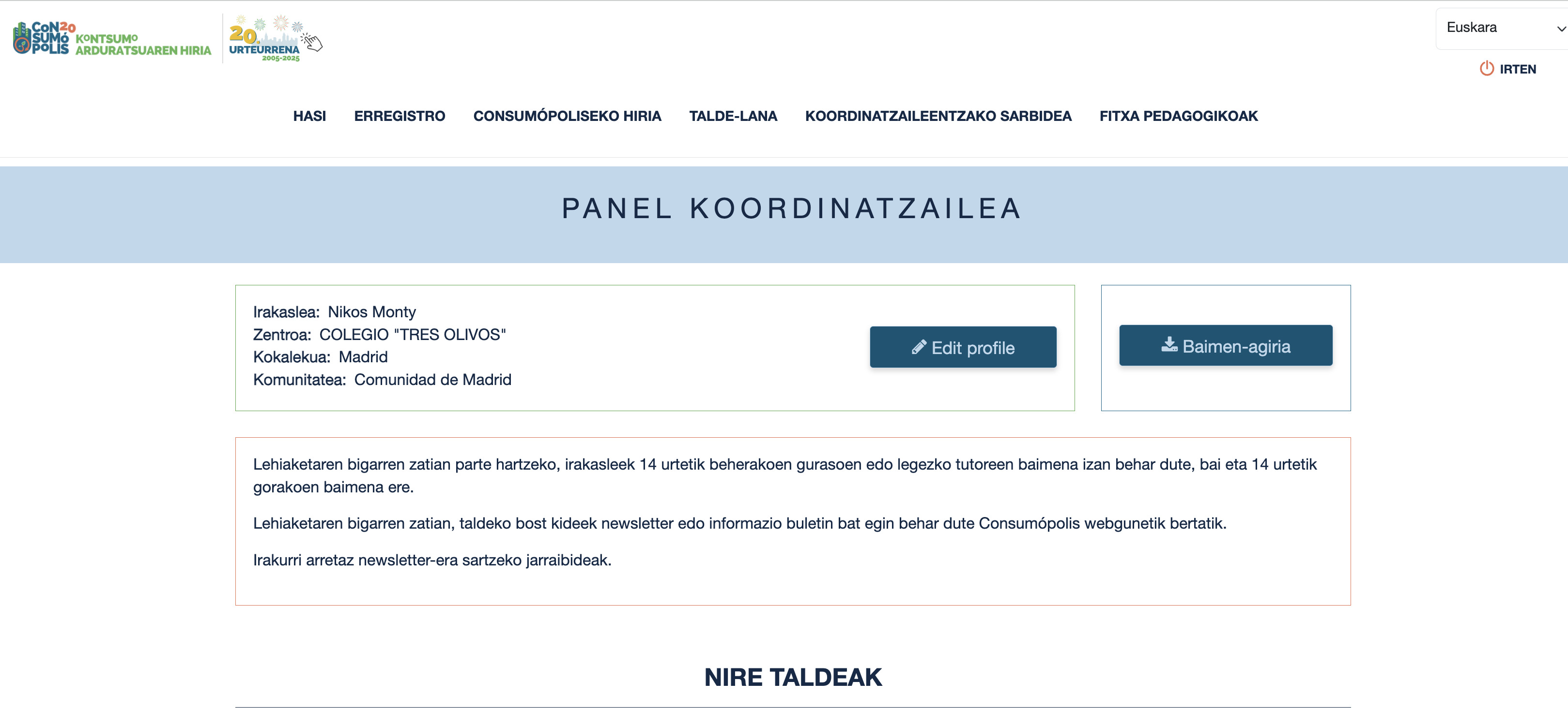 Koordinatzailearen panelaren pantaila