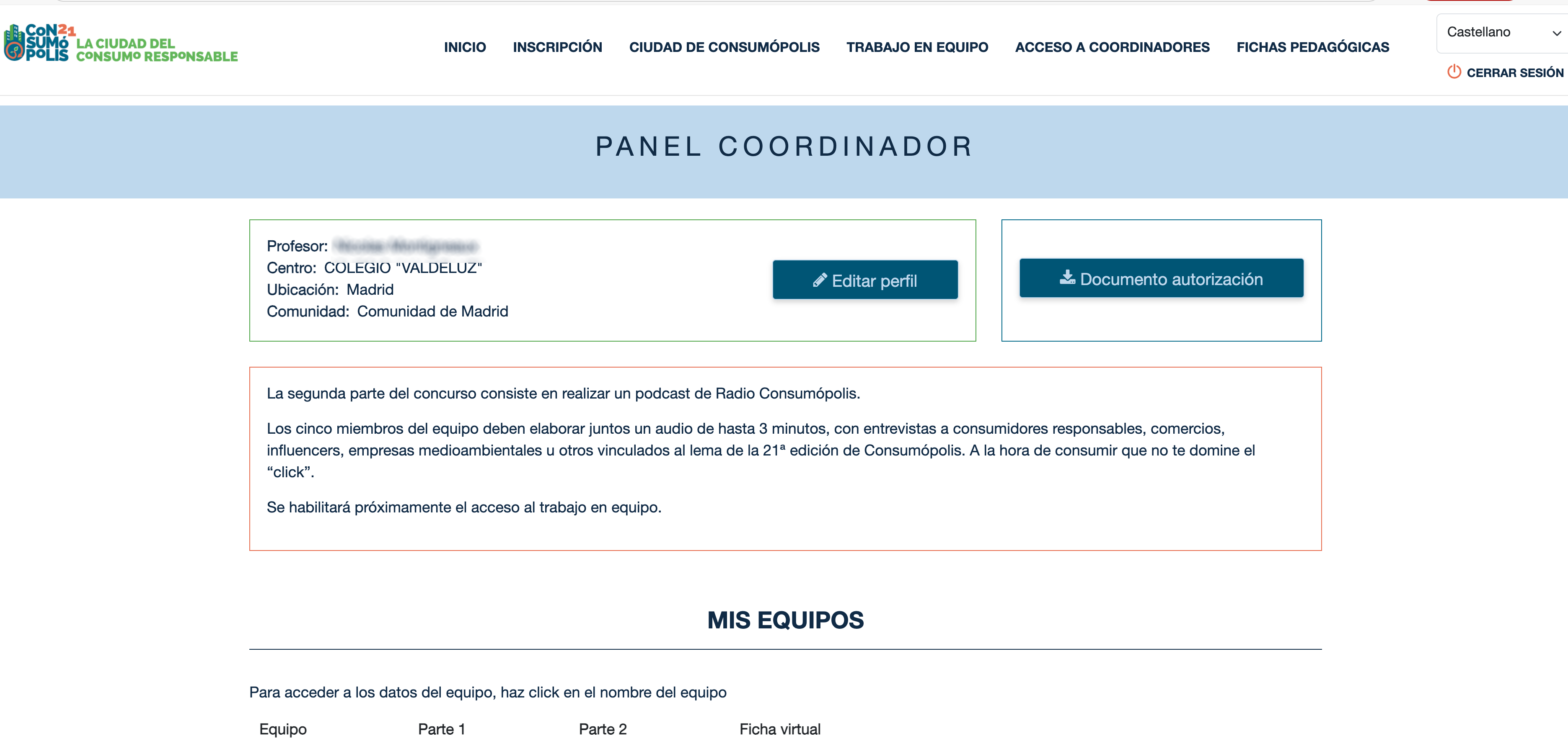 Imagen nº5: pantalla del panel del coordinador.