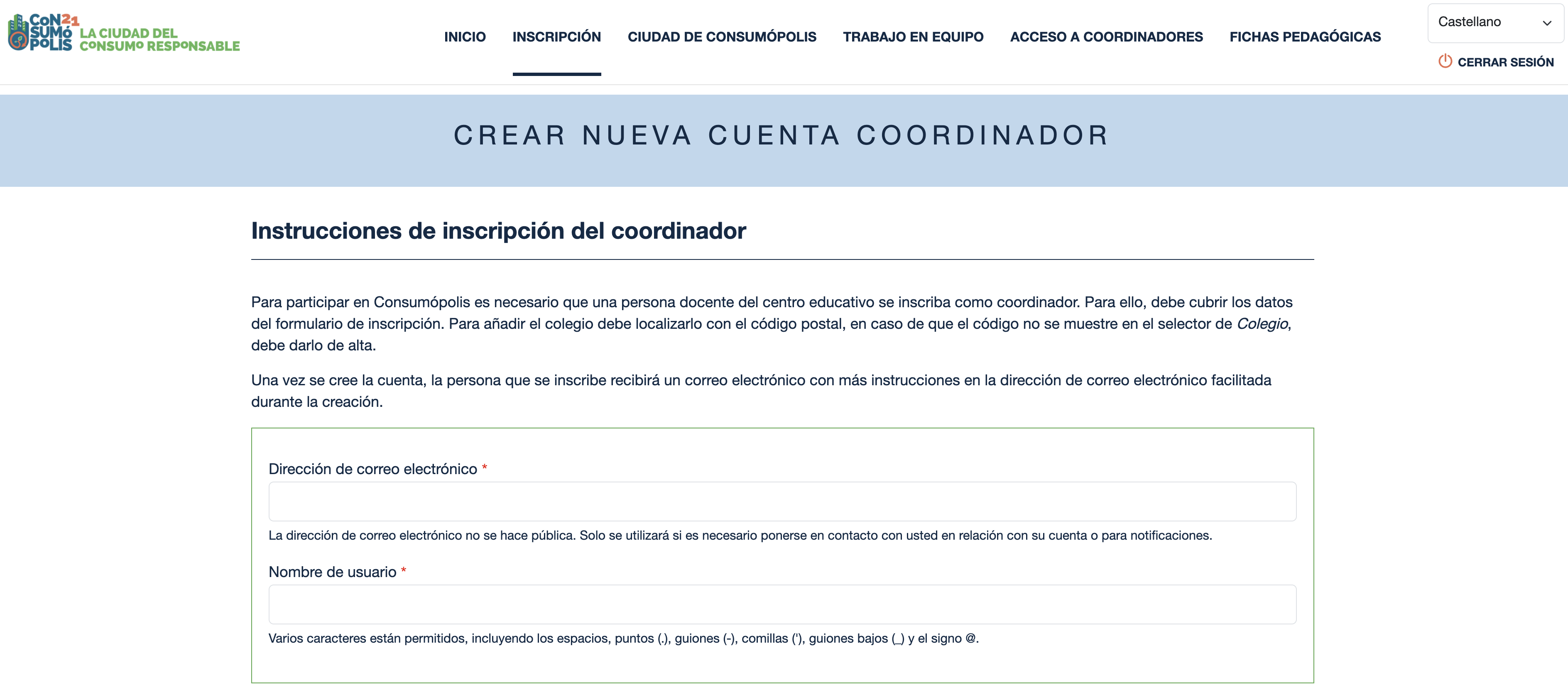 Imagen nº6: pantalla del interfaz de inscripción del coordinador.