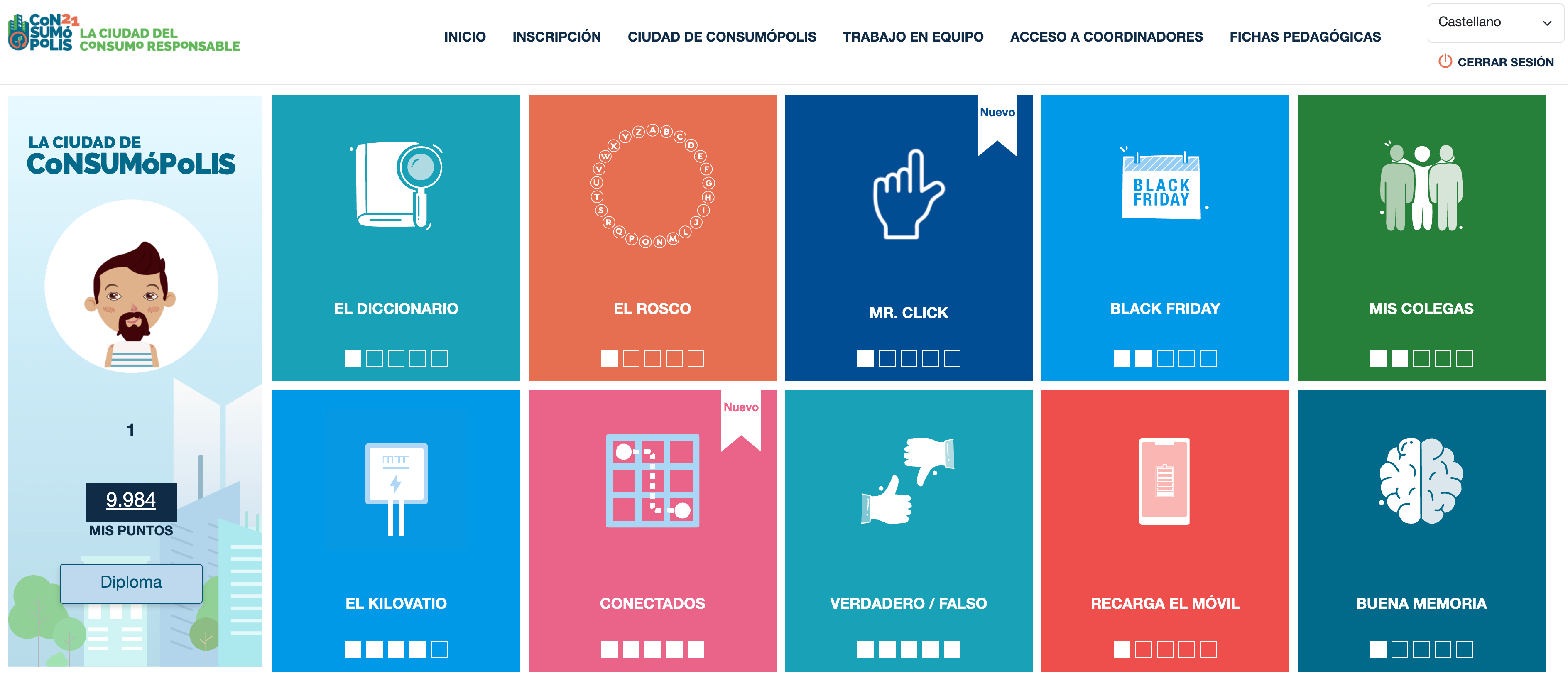Imagen nº7: pantalla de acceso a las 10 pruebas (parte 1) y al vestidor.