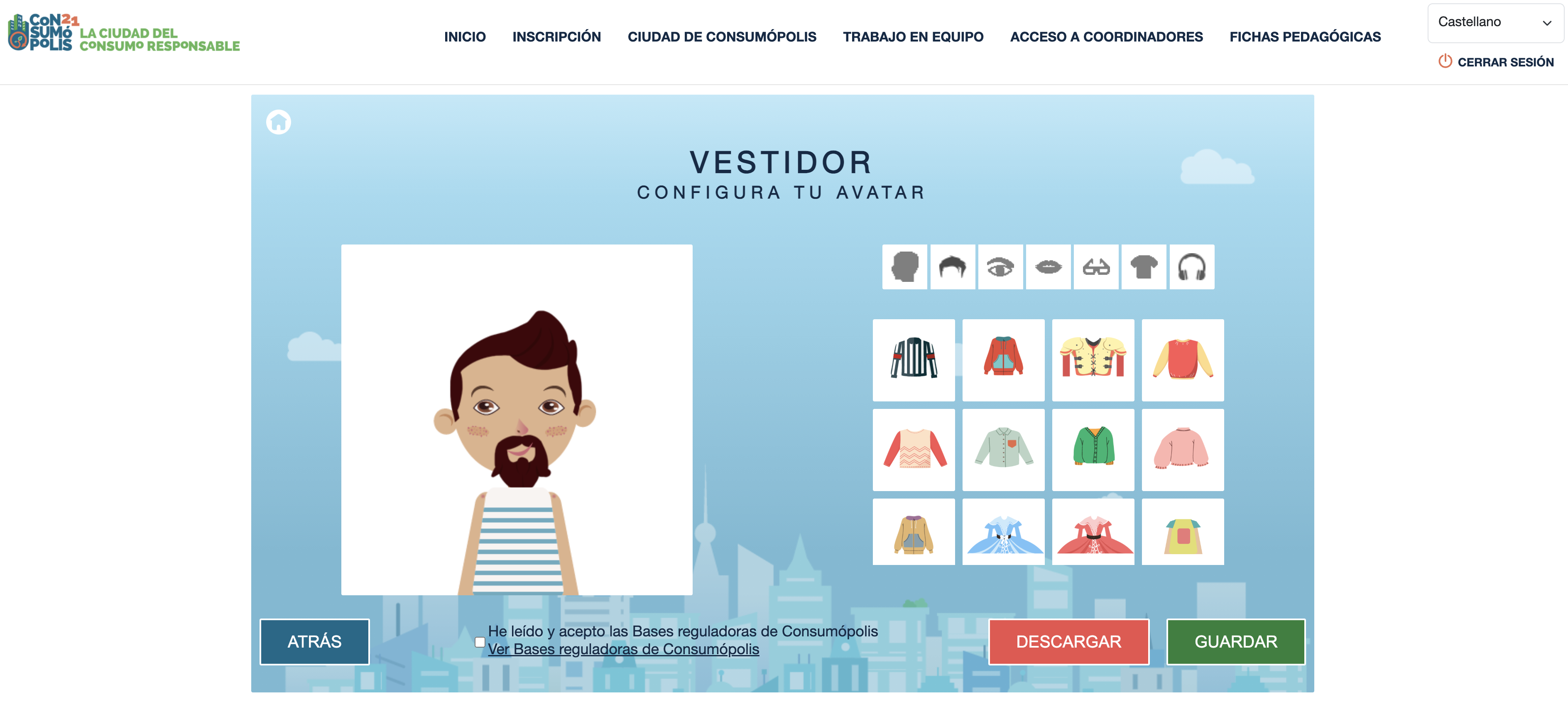Imagen nº9: pantalla del vestidor (personaje virtual del alumnado).